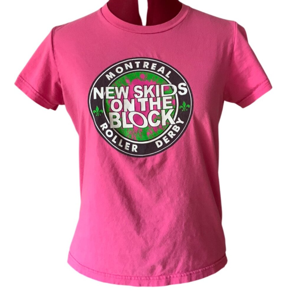 VINTAGE - Montreal Roller Derby SKIDS - Neon pink t-shirt - AA - Women Large